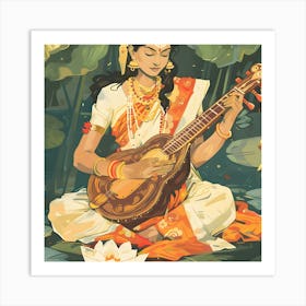 Indian Woman Playing The Sitar Art Print