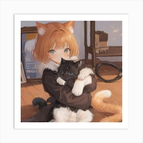 Kawaii Girl With Cat Art Print