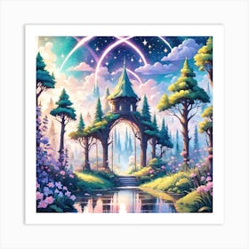 A Fantasy Forest With Twinkling Stars In Pastel Tone Square Composition 252 Art Print