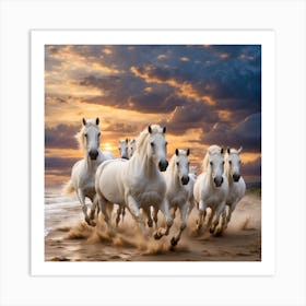 White Horses Running On The Beach At Sunset Art Print