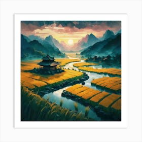 Beautiful views of rice fields, close to the river and surrounded by mountains, 4 Art Print