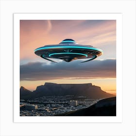 A Futuristic Silver And Neolith Alien Spaceship Over Table Mountain Art Print