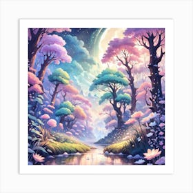 A Fantasy Forest With Twinkling Stars In Pastel Tone Square Composition 21 Art Print