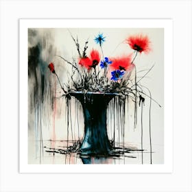 Flowers In A Vase Stephen Gammell style, dessin, aquarelle, aquarelles, noir et blanc et rouge , de marais, de sombres créatures, dégoulinant, pink and blue flowers in a vase placed on a table. Art Print