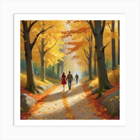 Couple Walking In The Autumn Forest 1 Art Print