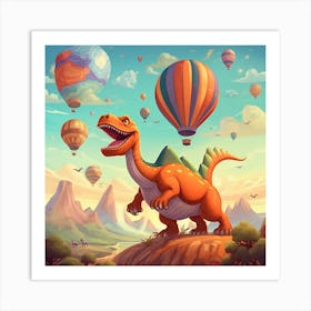 Cartoon Dinosaur With Hot Air Balloons Art Print