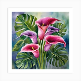 watercolor calla lilies and monstera, painting 2 Art Print