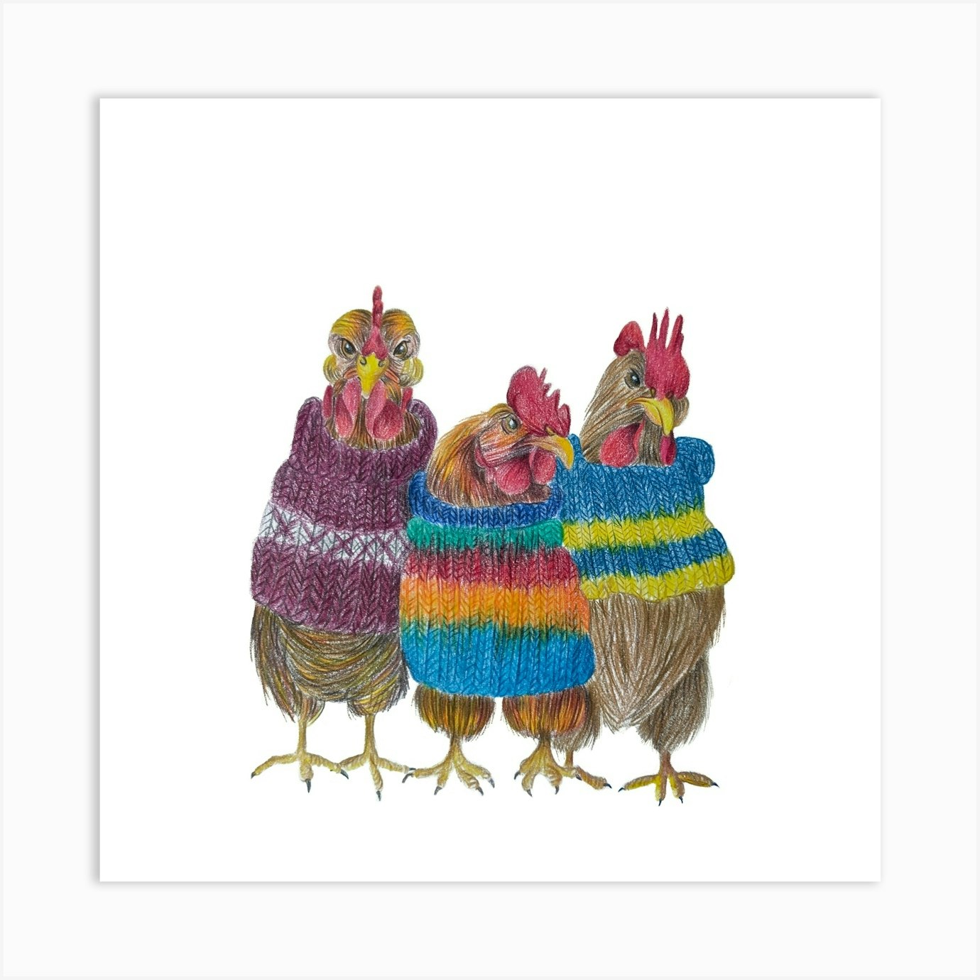 3 hens wearing knitted jumpers Art Print by Justyna Filipiak