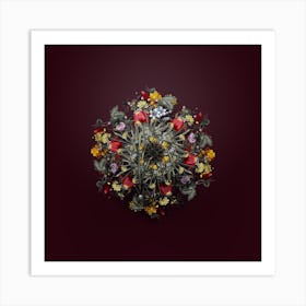 Vintage Galaxia Ixiaeflora Flower Wreath on Wine Red n.2294 Art Print