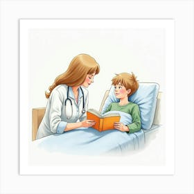 Gentle Watercolor Painting Of A Caregiver Reading A Book To A Young Patient 1 Art Print