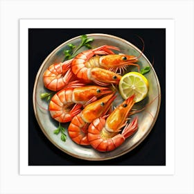 Plate Of Cooked Shrimp With Lemon And Parsley Art Print