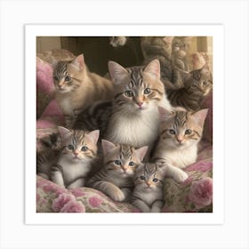 A Beautiful Cat And Her Kittens Art Print