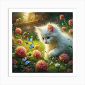 White Cat With Butterflies Art Print