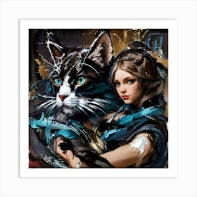 Cat And Girl Art Print