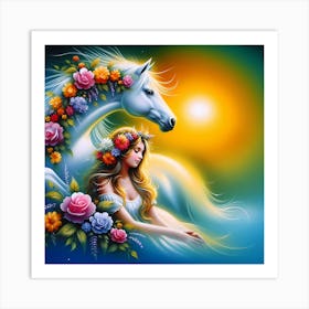 White Horse With Flowers Art Print