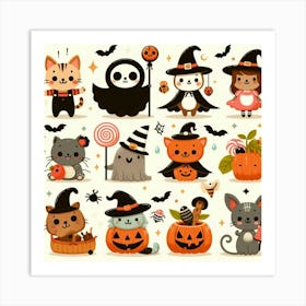 Cats In Halloween Costumes - Cute Vector style Illustration Art Print