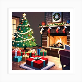 Christmas Tree In Front Of Fireplace 5 Art Print