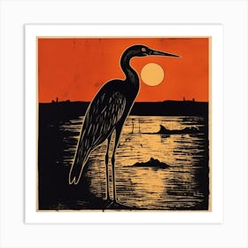 Retro Bird Lithograph Egret 1 Art Print