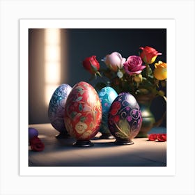 Patterned Eggs and Miniature Roses Art Print