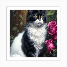 Cat With Roses Art Print