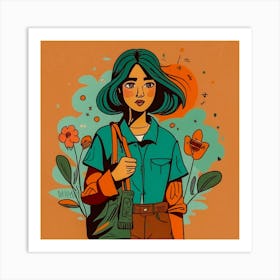 Student Girl With Green bag Art Print