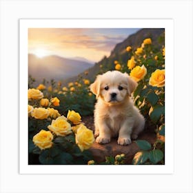 Golden Retriever Puppy In Roses Art Print