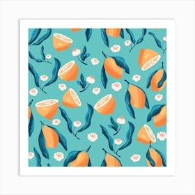 Lemon Pattern With Flowers On Blue Square Art Print