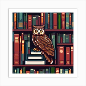 Owl On Bookshelf, An Owl Perched On A Stack Of Books Symbolizing Wisdom And Learning Art Print