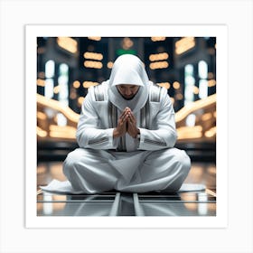 A 3d Dslr Photography Muslim Wearing Futuristic Digital Suit , Praying Towards Makkah Standing Tall Award Winning Photography From The Year 8045(2) Art Print