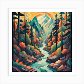 River And Mountains At Sunset Art Print