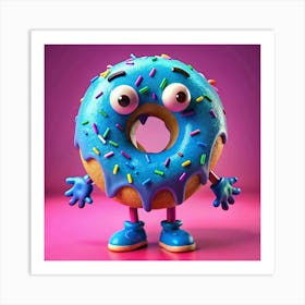 Blue Glazed Donut Character With Wide Eyes Art Print