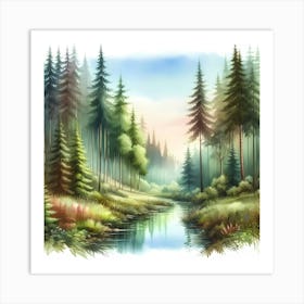 Watercolor Forest Landscape Art Print