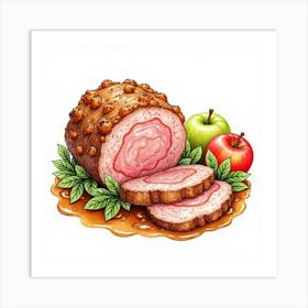 A Vibrant Watercolor Painting Of A Classic Pork Roast With Apples And A Savory Gravy Art Print