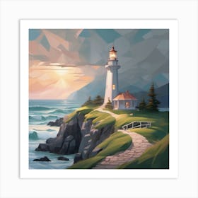Lighthouse At Sunset Landscape Art Print