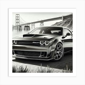 A Pencil Drawing Of A Dodge Hellcat At A Beach Front Art Print