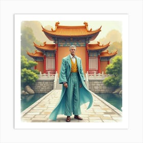 Graceful Man In Watercolor Suit, Elegant Ancient Temple 1 Art Print