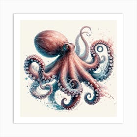 Sea Octopus In Motion, Sea Octopus Watercolour Art Print 4 Art Print