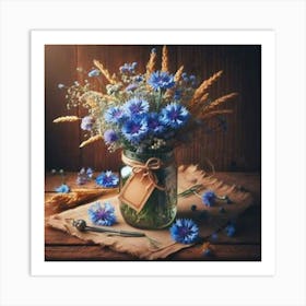 Blue Flowers In A Mason Jar 3 Art Print