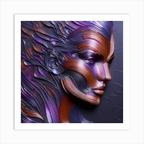 Portrait Of An Abstract Woman's Face - An artwork in embossed 3d style, with purple and orange colors. The abstract lines and texture are applied in an artistic style on a dark background. Art Print