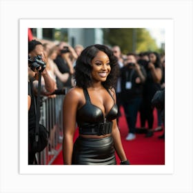 Available to purchase - A Sexy Black Woman With A Curvy Figure Wearing A Black Halter and Skirt on Red Carpet - Created by Midjourney Art Print