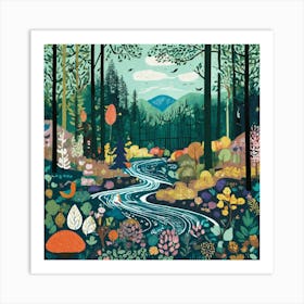 Art Drawing Forest Scene Folk Art Style Inspired B (4) Art Print