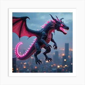 Cybernetic Dragon With Neon Lights And Futuristic Enhancements Flying Over A City 1 Art Print