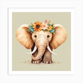 Floral Baby Mammoth Nursery Illustration (4) Art Print