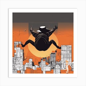 A Silhouette Of A Ape Wearing A Black Hat And Laying On Her Back On A Orange Screen, In The Style Of (5) Art Print