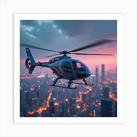 A Futuristic Ai Controlled Helicopter Flying Over A Neon City Skyline 1 Art Print