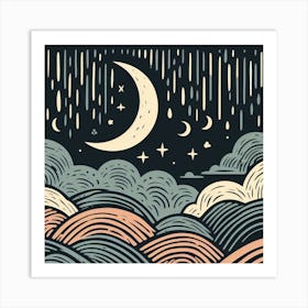 Linocut, Scandinavian Style, Night Sky with Crescent Moon 1 Art Print