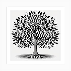 "Monochromatic Majesty: The Optical Illusion Tree" - This striking black and white artwork captivates with its optical illusion, creating a sense of movement and depth within the stillness of its arboreal subject. The tree's leaves and branches are crafted with meticulous patterns that play tricks on the eye, drawing the viewer into a mesmerizing experience. It's a bold statement piece, perfect for contemporary interiors that celebrate graphic art and design. This tree doesn't just stand in a room; it transforms the space, inviting onlookers to pause and explore the boundaries of perception. Art Print