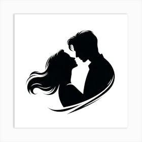 Title: "Silhouette of Affection"  Description: "Silhouette of Affection" is a striking black and white artwork that captures the tender closeness of a couple in silhouette. This piece, with its fluid lines and romantic allure, speaks to the heart of intimacy and companionship. It's an ideal choice for those looking to express love's timeless narrative in home decor, making it a prime selection for buyers seeking art that celebrates the essence of human connection. Art Print