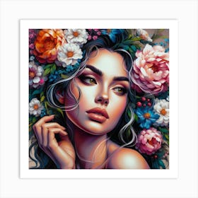 Beautiful Woman With Flowers 1 Art Print