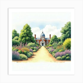 Watercolor Of The Kew Gardens In London, Featuring Its Lush Landscapes And Diverse Plant Collections Art Print